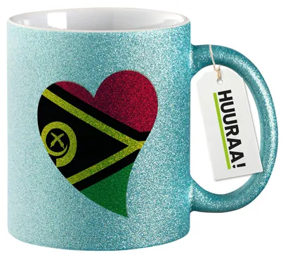Produktbild von Huuraa Glitzertasse Vanuatu Flagge Herz 330ml Blau Keramik Kaffeebecher Geschenkidee