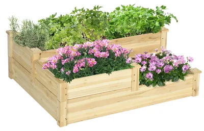 Image de Jardinier en herbes, potager, jardinière à fleurs. Bois de sapin massif, bac surélevé. 3 jardinières, 3 niveaux, sol ouvert, bois naturel. | 8 kg | 108x88x36 cm