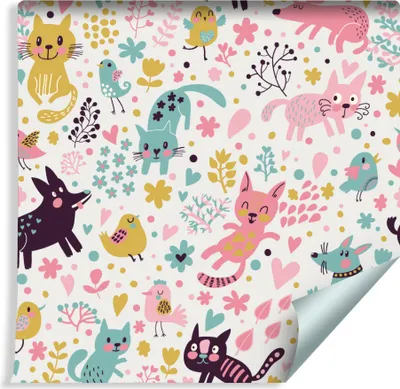 Produktbild von 10m VLIES TAPETE Rolle Kinderzimmer Katzen Hunde Vügel Blumen Natur XXL