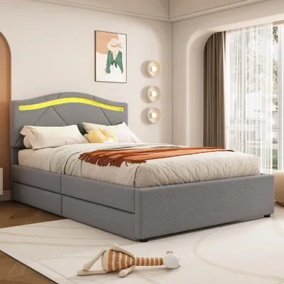 Produktbild von Polsterbett, 90x200cm, Bett mit Lattenrost (ohne Matratze), Mit LED-Leuchten, Bett mit zwei Schubladen, Verstellbares Kopfteil, Leinen, Minimalistisch, Grau
