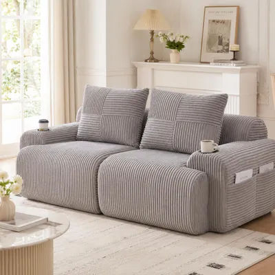 Produktbild von Modulares Cordsofa - 2-Sitzer, Hellgrau - Frei kombinierbar - Inklusive Getränkehalter und Aufbewahrungstasche