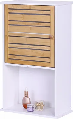 Produktbild von Relaxdays Hängeschrank Bad, 3 Fächer, HBT: 70 x 40 x 20 cm, Schränkchen mit Bambustür, schmaler Wandschrank, weiß/natur