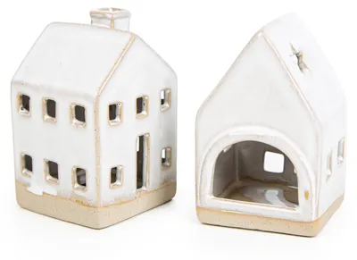 Produktbild von 2 Haus Windlichter Teelichthalter aus Steingut beige Creme Deko Häuschen 10,5 cm