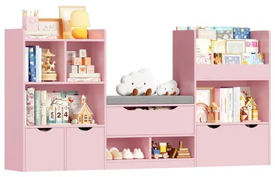 Image de Étagère de rangement pour jouets - Bibliothèque pour enfants avec banc - 3 tiroirs - Bois - 183 x 94,5 x 29,8 cm - Rose