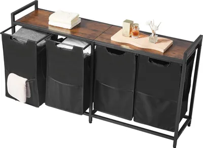 Zdjęcie produktu dla Kosz na pranie SucceBuy z drewnianym blatem, sortownik na pranie z 4 wyjmowanymi workami (tkanina 600D Oxford) i solidną metalową ramą, system sortowania prania do łazienek i brudnych ubrań w kolorze czarnym
