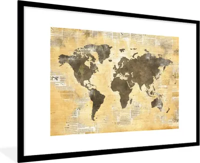 Produktbild von MuchoWow® MuchoWow® Gerahmtes Poster Weltkarte - Zeitung - Gold 90x60 cm - Poster mit zchwarzem Bilderrahmen - Wanddekoration - Fotos