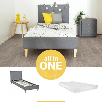 Produktbild von Homestyle4u Polsterbett 90x200 mit Matratze mit ® Standard 100 Lattenrost Jugendbett Stoffbett Bettgestell Bett Grau