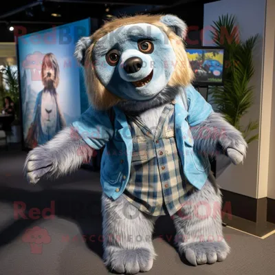 Productafbeelding van Blue Giant Sloth mascotte REDBROKOLY kostuum karakter gekleed met een flanellen overhemd en haarspelden