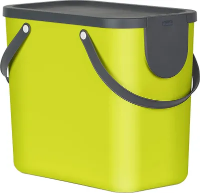 A lime green trash bin with a gray lid and handles, shown against a white background.
