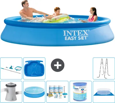 Produktbild von Intex runder aufblasbarer Easy Set-Schwimmpool – 305 x 61 cm – Blau – inklusive Pumpe Sonnensegel - Wartungspaket - Filter - Bodenplane - Reinigungskit - Leiter