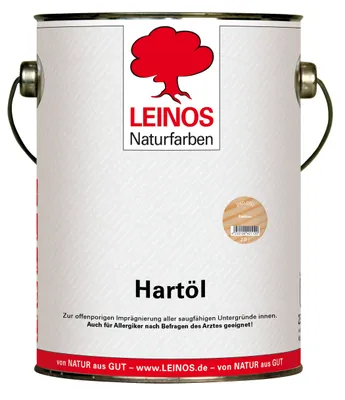 A white metal can of LEINOS Naturfarben Hartöl.