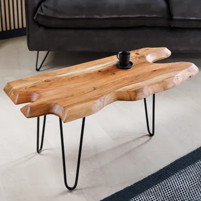 Produktbild von Massivholz Couchtisch WILD 100cm Akazie natur Hairpin Legs Baumkante