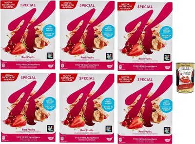 Produktbild von 6x Special K Red Fruits Cereals Roten Früchten Reisflocken Vollkorn Weizen und Gerste mit Vitaminen und Mineralstoffen mit roten Früchten 290g Getreideflocken + Italian Gourmet polpa 400g