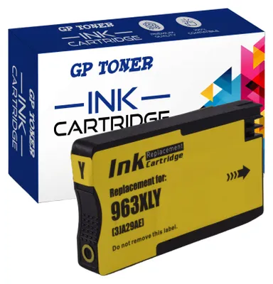 A product shot of a yellow ink cartridge and its blue and white packaging, set against a white background.