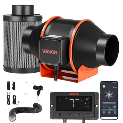 Productafbeelding van VEVOR 101,6 mm buisventilator met koolstoffilter, 349 m³/u inline buisventilator met PWM- en app-bediening, kanaalventilator met 10 standen, 9-uurs timer en EC-motor, afzuigventilator voor kas, kelder, rookafzuiging