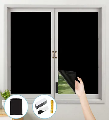 A hand is shown applying a black blackout film to a window. Several accessories are displayed in circles at the bottom of the image.