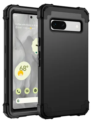 A black protective phone case is shown with a Google Pixel 7A phone inside, displaying a weather widget on its screen.