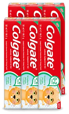 Immagine prodotto di 6 tubetti di dentifricio per bambini Colgate, gusto fragola, per bambini da 0 a 2 anni, 50 ml ciascuno, confezione da 6 pezzi