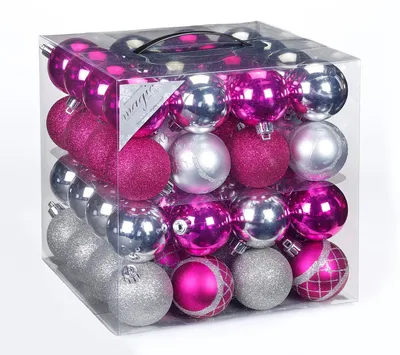 Produktbild von 64x Kunststoff Christbaumkugeln Ø 6cm Kugel Box Glanz Glitzer Matt Dekor Inge inkl. Aufhänger, Farbe:Pink-Silber