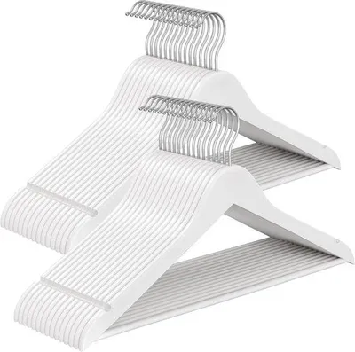 Produktbild von Famanu Kleiderbügel Set 30 dünne Holzkleiderbügel mit Einkerbungen und Hosenstange – Weiß
