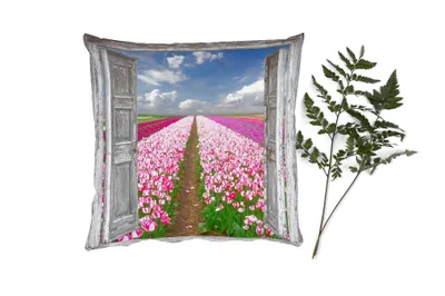 Produktbild von MuchoWow® Zierkissen Sofakissen Wohnzimmer Dekokissen 50x50 cm Blumen - Tulpen - Ansicht - Regenbogen - Komfort - Sofakissen