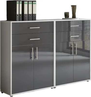 Produktbild von Aktenschrank TABOR 17 in lichtgrau / anthrazit Hochglanz, Schrankwand, Büroschrank, Metallgriffe
