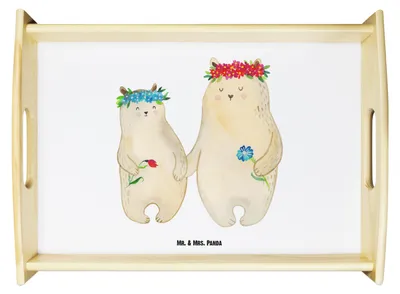 Produktbild von Mr. & Mrs. Panda Tablett Bären mit Blumenkranz - Weiß - Geschenk, Familie, Beste Freundin, teetablett, kaffeetablett, Mutter, Family, Sofa, Kinder, aus holz, Servier