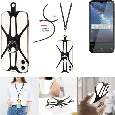 Produktbild von K-S-Trade 3in1 Handykette Handyband Handykordel Halsband Smartphone-Ring Handy-Ring kompatibel mit Nokia 2.2 (2019) Fingerhalterung Handyring