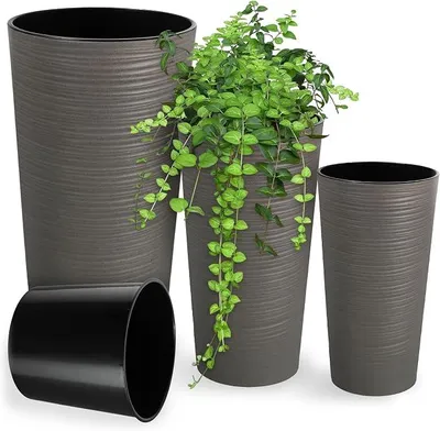 Imagen del producto de Juego de 3 macetas Blumentopf con virutas de madera, macetas decorativas elegantes con inserto extraíble, protectores para macetas ideales para oficinas, maceteros, jarrones, macetas de jardín (gris, juego de 3 - 19,25 x 30 cm)