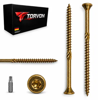 Imagen del producto de TORVON, tornillos para madera de alta calidad, cabeza avellanada, zincado en amarillo, 5 x 70 mm, 200 unidades + punta, Imagen generada por IA