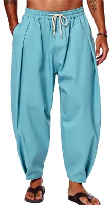 Image de ASKSA - Pantalon ample pour hommes, en coton et lin, idéal pour l'été, léger, parfait pour la plage ou les loisirs, avec poches (bleu marine, taille S)