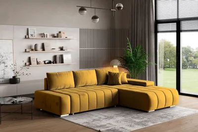 Zdjęcie produktu dla Masseno Narożnik ALESE R-S z funkcją spania i pojemnikiem na pościel Kształt L, Rozkładana sofa, Rogówka - Żółty, MONOLITH 48