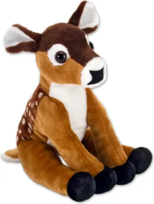 A plush toy fawn sitting on a white background.