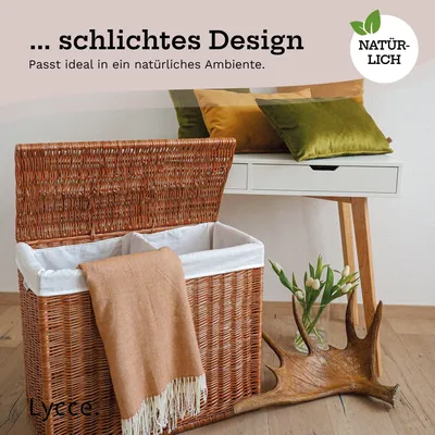 Wäschesortierer aus Weide natur Wäschekorb mit Deckel und waschbarem Stoffeinsatz, 2 Wäschekammern