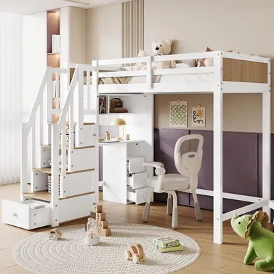 A child's loft bed with a desk and stairs in a bedroom setting.