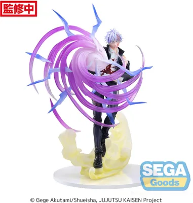 A figure of Satoru Gojo from Jujutsu Kaisen in a dynamic pose with a swirling energy effect.