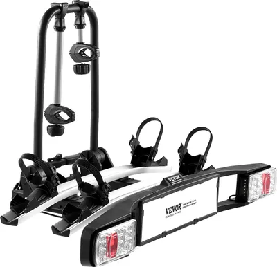 Immagine prodotto di VEVOR portabiciclette con aggancio, portabiciclette adatto per montaggio da 5 cm, portabiciclette posteriore, portabiciclette per 2 biciclette, portata fino a 65 kg, adatto per e-bike con luce posteriore