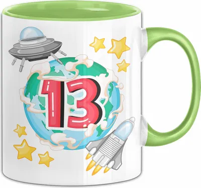 Produktbild von 13. Geburtstag Geschenk Tasse Becher Jungs Mädchen Ufo Welt Galaxie  Teenager (Grün)