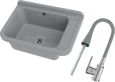 Produktbild von Granitan - Waschbecken - Ausgussbecken - 58x38x26 cm - Grau - mit Armatur FLEXO und Siphon - Spülbecken - NEGRA