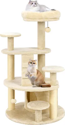 Produktbild von GOPLUS Mehrstöckiger Kratzbaum, Katzenmöbel mit 3 Juteseil-Kratzsäulen, Katzenturm mit Plüschoberfläche, Leiter, hängender Ball, Plattform, Beige