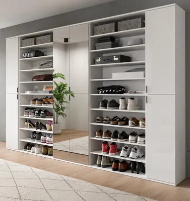 Produktbild von Garderobenschrank mit Spiegeltür "SystemX" in weiß Hochglanz Schuhschrank 281 x 193 cm