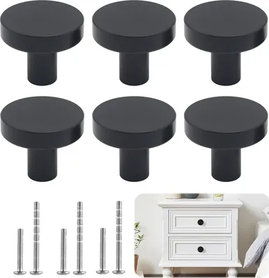 Image de 6 boutons de meuble, boutons d'armoire, poignées d'armoire, boutons de porte, poignées de tiroir, 30 mm, avec deux types de vis, pour armoire, penderie, poignée de tiroir, poignées de porte de commode (noir)