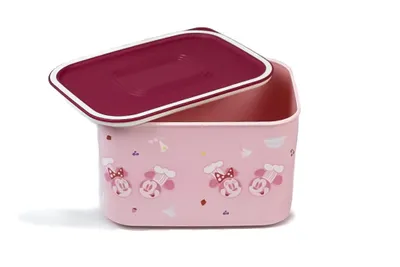 A pink Tupperware container with a red lid, decorated with Disney characters.