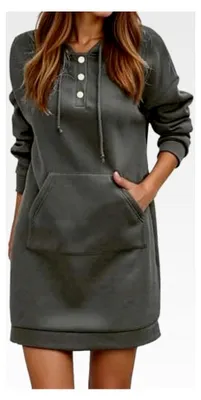 Produktbild von Sweatkleid für Damen in großen Größen, Kapuzenpulloverkleid, einfarbig, Langarm, Tunikakleid mit Knopfleiste, Herbstkleid, Pulloverkleid für den Winter