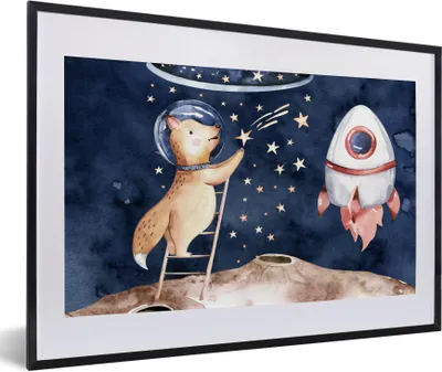 Produktbild von MuchoWow® Gerahmtes Poster Weltraum - Fuchs - Rakete - Junge - Mädchen - Kinder 60x40 cm - Poster mit Schwarzem Bilderrahmen Wandposter Rahmen Foto Bilder - Schlafzimmer - Plakat in Rahmen - Drucken