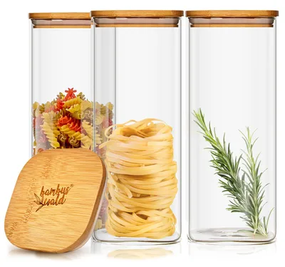 Image de Bocaux de conservation  - Klarstein - set de 3 - en verre - 1500 ml - forme carrée 10 x 20,5 x 10 cm - couvercle en bambou