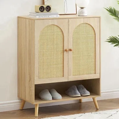Immagine prodotto di Armadio per scarpe - Porta in rattan naturale - Struttura in legno a 4 ripiani - Autoportante con ripiano regolabile