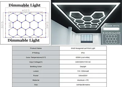 Productafbeelding van Zeshoekige honingraatverlichting, plafondverlichting. Lichtsysteem 4.02 x 2.91 m. Verstelbare verlichting.