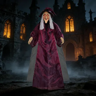 Hängende Hexe 180 cm, leuchtende Augen, Sprachsteuerung, Halloween-Deko