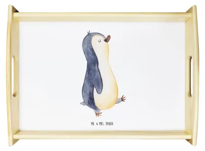Produktbild von Mr. & Mrs. Panda Servier Tablett Pinguin marschieren - Weiß - Geschenk, Holztablett, Pinguine, Serviertablett, Bett-Tablett, Spazieren, couchtablett, Bruder, sofatablett